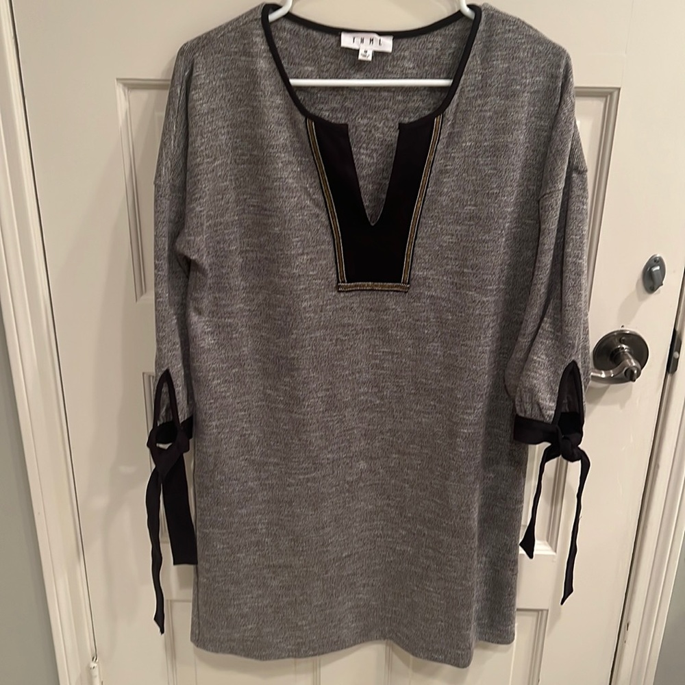 THML grey tunic with black velour trim and beading.